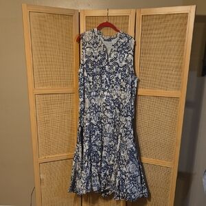Chelsea & Theodore Blue and White Patterned Midi Dress 2x Cotton